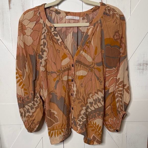 Karlie Tops - Karlie Tan Floral Button Down Blouse Balloon Sleeves